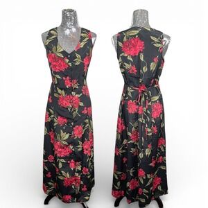 Vintage 90s Grunge Dark Floral Button Front Tie Back Maxi Dress Small Party